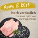 Ganzes Huhn mit Reis und Koriander, mit dem Text "Huhn & Reis" und "hoch verdaulich für optimale Verträglichkeit."