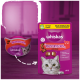 Verpackung von Whiskas-Katzenleckerlis mit einer grauen Katze, beschriftet mit "Knuspertaschen mit Rind," die Vitamine, Mineralien und niedrige Kalorien hervorhebt.