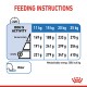 Feeding instructions chart for dogs, detailing food amounts based on weight (11-25 kg) and activity level, with water icon and energy info.