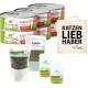 Dosen Katzenfutter mit der Aufschrift "Ich liebe meine Katze" mit Insektenzutaten, einer Tragetasche mit der Aufschrift "KATZEN LIEB HABER" und verschiedenen Haustierleckereien und -ergänzungen.