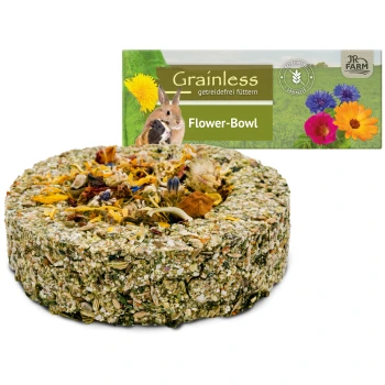 Kornfreier Flower-Bowl für kleine Haustiere, mit einem runden, strukturierten Leckerli aus getrockneten Blumen und Kräutern, mit einem bunten Verpackungsdesign.