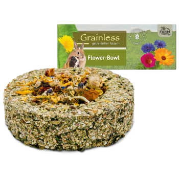 Kornfreier Flower-Bowl für kleine Haustiere, mit einem runden, strukturierten Leckerli aus getrockneten Blumen und Kräutern, mit einem bunten Verpackungsdesign.