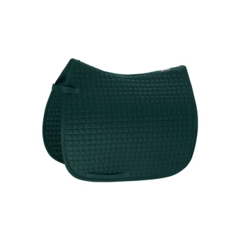 Dunkelgrünes, gestepptes Sattelpad mit einer strukturierten Oberfläche, mit zwei Befestigungsriemen an den Seiten.