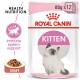 Royal Canin Kitten food pouch, 85g x 12, featuring a fluffy kitten on the front, with text highlighting immune system support and gravy.