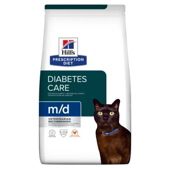 Sac de nourriture pour chats Hill's Prescription Diet m/d Diabetes Care présentant un chat noir aux yeux verts, étiqueté 'Recommandé par les vétérinaires.'