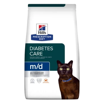 Hill's Prescription Diet m/d Diabetes Care Katzenfutterbeutel mit einer schwarzen Katze mit grünen Augen, gekennzeichnet mit 'Vom Tierarzt empfohlen.'