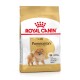 Royal Canin Adult Pomeranian Hundefutterbeutel mit einer Illustration eines Pomeranian-Hundes, mit Text, der die rassespezifische Ernährung hervorhebt.