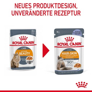 Bild von zwei Royal Canin Katzenfutterbeuteln: "Intense Beauty" links, "Hair & Skin" rechts, mit einem roten Pfeil und Text darüber.
