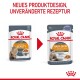 Bild von zwei Royal Canin Katzenfutterbeuteln: "Intense Beauty" links, "Hair & Skin" rechts, mit einem roten Pfeil und Text darüber.