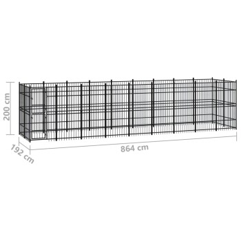 Schwarzes Metall-Haustiergehege mit Abmessungen 200 cm Höhe, 192 cm Breite und 864 cm Länge, mit einer Tür und Gitterdesign.
