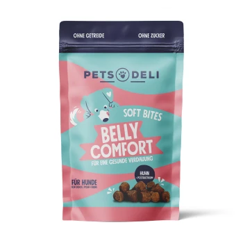 Adult Snack Soft Bites Belly Comfort 300g Bunte Soft Bites Belly Comfort Hundeleckerlis Verpackung mit einem Cartoon-Hund und dem Text "für eine gesunde Verdauung" und "Huhn - Postbiotikum."