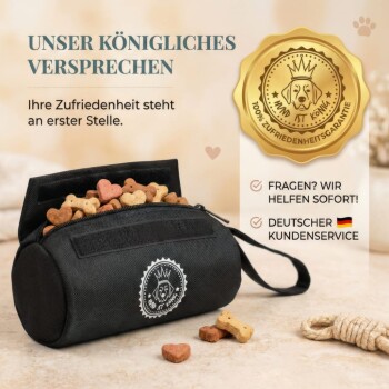 Das Bild zeigt einen Hund mit einem Sternenüberlagerung, die Kundenbewertungen auf Deutsch über ein Haustierprodukt anzeigt, und hebt Qualität und Zufriedenheit hervor.
