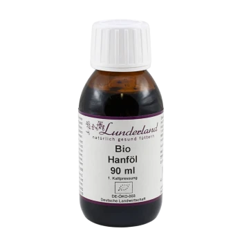 Braune Glasflasche mit weißem Verschluss, beschriftet „Lunderland Bio Hanföl 90 ml, 1. Kaltpressung.“
