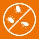 Symbol, das ein Verbotssymbol über Silhouetten von einem Zecken, Milbe und Floh auf einem orangefarbenen Hintergrund darstellt, was auf Schädlingsbekämpfung hinweist.