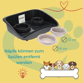 Schwarzer Doppelnapf-Futterspender mit zwei herausnehmbaren Näpfen (12 cm, 14 cm); Text: 'Näpfe können zum Spülen entfernt werden'.