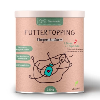 Veganer Haustier-Nahrungsergänzungsmittelbehälter mit der Aufschrift 'Futtertopping Magen & Darm', unterstützt die Verdauung, mit einem Cartoon-Hund und einer herzförmigen Flasche.