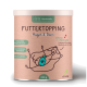 Veganer Haustier-Nahrungsergänzungsmittelbehälter mit der Aufschrift 'Futtertopping Magen & Darm', unterstützt die Verdauung, mit einem Cartoon-Hund und einer herzförmigen Flasche.