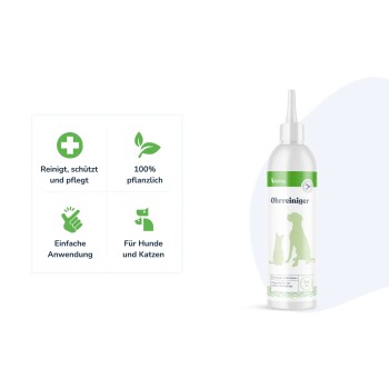 Flasche mit der Aufschrift „Ohrenreiniger“ für Hunde und Katzen mit grünen Icons '100% pflanzlich' und 'Einfache Anwendung'.