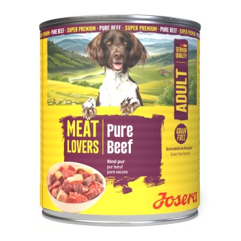 Dose Josera 'Meat Lovers Pure Beef' Erwachsenes, getreidefreies Hundefutter, Etikett mit Hundebild und Schüssel mit Rindfleischstücken.