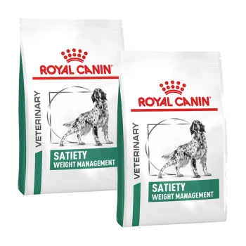 Deux sacs de nourriture pour chiens Royal Canin Veterinary Diet étiquetés "Gestion du poids par satiété," avec une silhouette de chien et un logo de couronne.