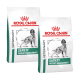 Zwei Tüten Royal Canin Veterinary Diet Hundefutter mit der Aufschrift "Sättigung Gewichtsmanagement", mit einer Silhouette eines Hundes und einem Kronenlogo.