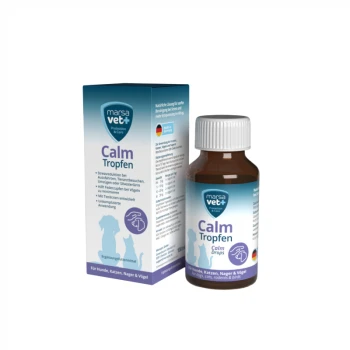 Flasche mit "Calm Tropfen" für Haustiere, mit einer blau-weißen Box, gekennzeichnet zur Stressreduktion bei Hunden, Katzen, Nagetieren und Vögeln.