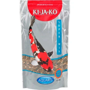 Eine Tüte KI-JA-KO Premium Koi-Futter mit einem bunten Koi-Fischdesign, beschriftet "SUPER MIX" und "EASY TO DIGEST", von Aquaris.