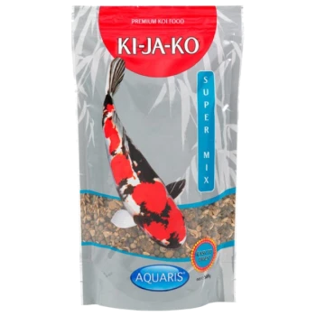Eine Tüte KI-JA-KO Premium Koi-Futter mit einem bunten Koi-Fischdesign, beschriftet "SUPER MIX" und "EASY TO DIGEST", von Aquaris.