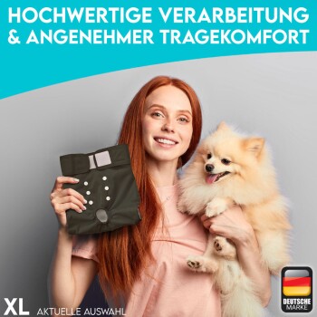 Eine Frau hält einen flauschigen Pomeranian und ein grünes Haustierzubehör. Text: "Hochwertige Verarbeitung & Angenehmer Tragekomfort."