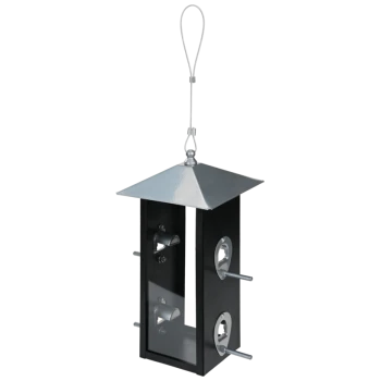 Black metal bird feeder with silver roof, two feeding ports, perches, and a hanging wire loop.