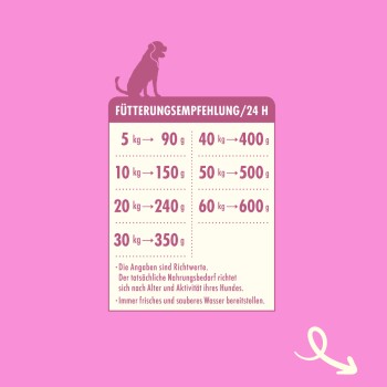 Fütterungsempfehlungen für Hunde auf einem rosa Hintergrund, die tägliche Futtermengen basierend auf dem Gewicht des Hundes detailliert, mit einer Silhouette eines Hundes oben.