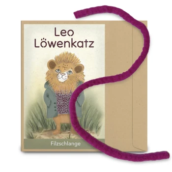 Illustration eines Löwencharakters namens "Leo Löwenkatz" auf einer Verpackung mit einem lila Filzschlangenspielzeug daneben.