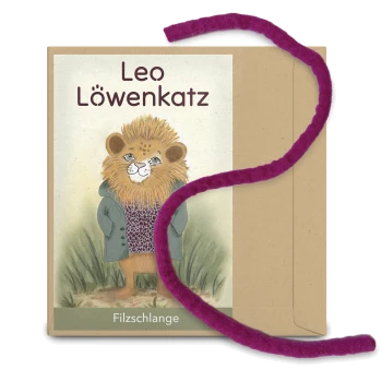 Illustration eines Löwencharakters namens "Leo Löwenkatz" auf einer Verpackung mit einem lila Filzschlangenspielzeug daneben.