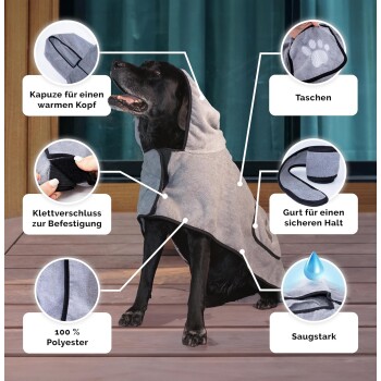 Ein schwarzer Hund trägt einen grauen Kapuzenmantel für Haustiere, mit Taschen, Klettverschlüssen und einem sicheren Riemen, mit Textetiketten auf Deutsch.