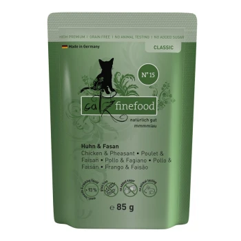 Nassfutter Katze Classic Adult 8x85 g No. 15 Huhn und Fasan Grüne "catZ finefood" Tüte (85g) für Katzen, mit Huhn und Fasan, getreidefrei, ohne Zuckerzusatz, ohne Tierversuche.