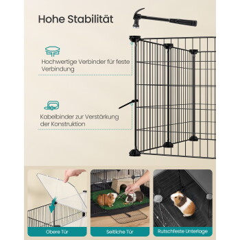 Schwarzer Draht-Tierlaufstall mit Verbindern, Türen und rutschfestem Boden; Meerschweinchen innen; sichtbarer Text "Hohe Stabilität".