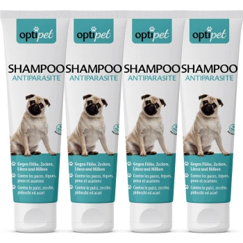 Vier Tuben OptiPet Antiparasiten-Shampoo mit einem Mops auf der Vorderseite, mit Text in Deutsch, Französisch und Italienisch über Floh- und Zeckenprävention.
