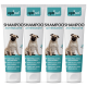 Vier Tuben OptiPet Antiparasiten-Shampoo mit einem Mops auf der Vorderseite, mit Text in Deutsch, Französisch und Italienisch über Floh- und Zeckenprävention.