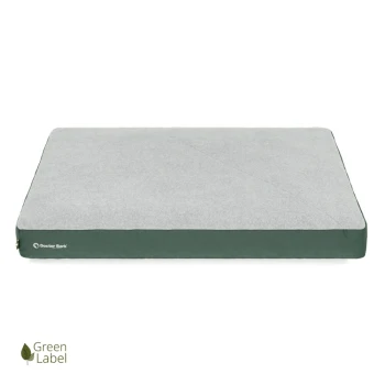 Graues und grünes Haustierbett mit "Doctor Bark"-Logo, mit einer weichen Oberseite und stabilen Seiten, gekennzeichnet als "Green Label."