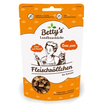 Betty's Landhausküche orangefarbene Tüte mit Fleischröllchen-Katzensnacks 'Ente pur', mit Illustration und Sichtfenster, das die Leckerchen zeigt