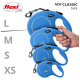 Blue Flexi retractable dog leashes in three sizes (L, M, S, XS) displayed with a hand holding the medium size. Text reads "NEW CLASSIC TAPE."