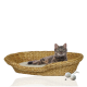 Eine getigerte Katze, die in einem geflochtenen Strohhundebett mit einem weichen Kissen liegt, begleitet von zwei Naturfaserbällen.