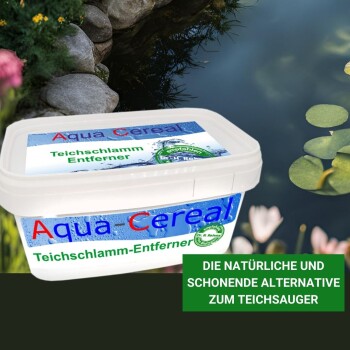 Behälter von Aqua Cereal Teichschlamm-Entferner, einem natürlichen Teichschlamm-Entferner, mit Text, der seine sanfte Alternative zu Teichsaugern hervorhebt.