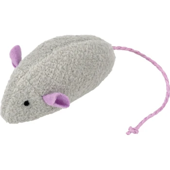 Szary pluszowy myszka zabawka z fioletowymi uszami i różowym ogonem z liny, zaprojektowana do zabawy dla zwierząt.