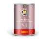 Eine Dose Husse Katzenfutter mit der Aufschrift "Sterilisiert", mit einem Cartoon-Katzenlogo, und dem Text "Leckeres Pâté mit Truthahn für sterilisierten Katzen."