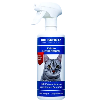 Weiße Sprühflasche mit blauem Etikett und einer getigerten Katze; Text: „BIO SCHUTZ“, „Katzen-Fernhaltespray“ und rotes Siegel „Ohne Lösungsmittel!“