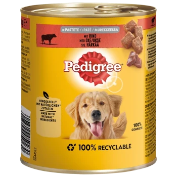 Pedigree Hundefutterdose, mit gelbem Hintergrund, mit Text, der angibt, dass es Rindfleisch enthält und aus natürlichen Zutaten hergestellt ist. 100% recycelbar.