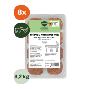 BARFER'S Würfel: Komplett‑Mix (Rind & Geflügel) Mini‑Katzennahrung in Schale, zeigt orangefarbenes '8x'-Symbol und grünes '3,2 kg'-Label.