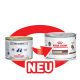 Zwei Dosen Royal Canin Recovery veterinärdiät für Hunde und Katzen, mit einem roten Pfeil und "NEU" für Produktaktualisierung.