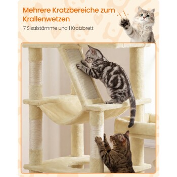 Beiger Kratzbaum mit zwei Katzen beim Kratzen; sichtbarer Text: „Mehrere Kratzbereiche zum Krallenwetzen — 7 Sisalstämme und 1 Kratzbrett“.